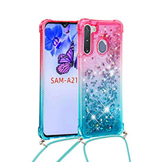 Silicone Candy Rubber TPU Bling-Bling Soft Case Cover with Lanyard Strap S01 for Samsung Galaxy A21 European Pink