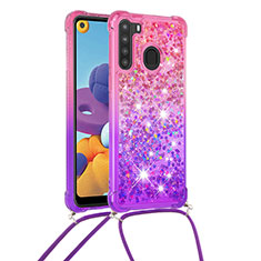 Silicone Candy Rubber TPU Bling-Bling Soft Case Cover with Lanyard Strap S01 for Samsung Galaxy A21 Hot Pink