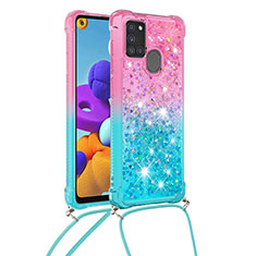 Silicone Candy Rubber TPU Bling-Bling Soft Case Cover with Lanyard Strap S01 for Samsung Galaxy A21s Pink