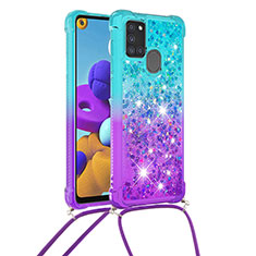 Silicone Candy Rubber TPU Bling-Bling Soft Case Cover with Lanyard Strap S01 for Samsung Galaxy A21s Sky Blue