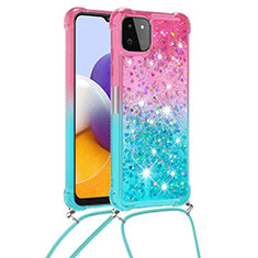 Silicone Candy Rubber TPU Bling-Bling Soft Case Cover with Lanyard Strap S01 for Samsung Galaxy A22s 5G Pink