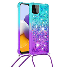 Silicone Candy Rubber TPU Bling-Bling Soft Case Cover with Lanyard Strap S01 for Samsung Galaxy A22s 5G Sky Blue