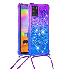 Silicone Candy Rubber TPU Bling-Bling Soft Case Cover with Lanyard Strap S01 for Samsung Galaxy A31 Purple