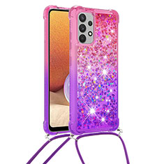 Silicone Candy Rubber TPU Bling-Bling Soft Case Cover with Lanyard Strap S01 for Samsung Galaxy A32 4G Hot Pink