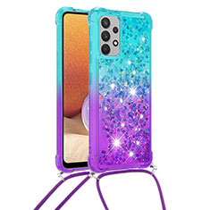 Silicone Candy Rubber TPU Bling-Bling Soft Case Cover with Lanyard Strap S01 for Samsung Galaxy A32 5G Sky Blue