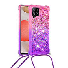 Silicone Candy Rubber TPU Bling-Bling Soft Case Cover with Lanyard Strap S01 for Samsung Galaxy A42 5G Hot Pink