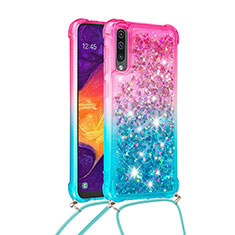 Silicone Candy Rubber TPU Bling-Bling Soft Case Cover with Lanyard Strap S01 for Samsung Galaxy A50S Pink