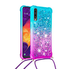 Silicone Candy Rubber TPU Bling-Bling Soft Case Cover with Lanyard Strap S01 for Samsung Galaxy A50S Sky Blue