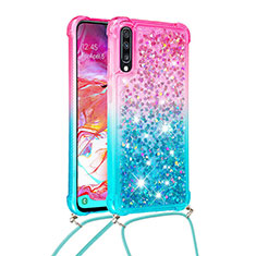 Silicone Candy Rubber TPU Bling-Bling Soft Case Cover with Lanyard Strap S01 for Samsung Galaxy A70S Pink