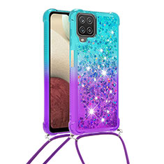 Silicone Candy Rubber TPU Bling-Bling Soft Case Cover with Lanyard Strap S01 for Samsung Galaxy F12 Sky Blue