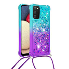 Silicone Candy Rubber TPU Bling-Bling Soft Case Cover with Lanyard Strap S01 for Samsung Galaxy M02s Sky Blue