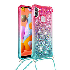 Silicone Candy Rubber TPU Bling-Bling Soft Case Cover with Lanyard Strap S01 for Samsung Galaxy M11 Pink