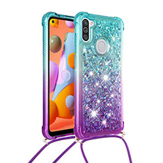 Silicone Candy Rubber TPU Bling-Bling Soft Case Cover with Lanyard Strap S01 for Samsung Galaxy M11 Sky Blue