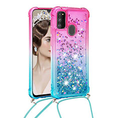 Silicone Candy Rubber TPU Bling-Bling Soft Case Cover with Lanyard Strap S01 for Samsung Galaxy M30s Pink