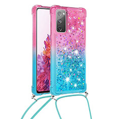 Silicone Candy Rubber TPU Bling-Bling Soft Case Cover with Lanyard Strap S01 for Samsung Galaxy S20 FE 4G Pink