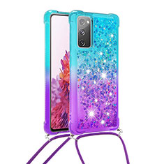 Silicone Candy Rubber TPU Bling-Bling Soft Case Cover with Lanyard Strap S01 for Samsung Galaxy S20 FE 4G Sky Blue