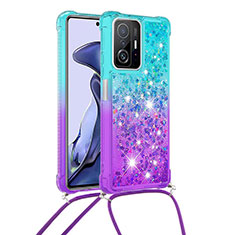 Silicone Candy Rubber TPU Bling-Bling Soft Case Cover with Lanyard Strap S01 for Xiaomi Mi 11T 5G Sky Blue