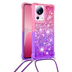 Silicone Candy Rubber TPU Bling-Bling Soft Case Cover with Lanyard Strap S01 for Xiaomi Mi 13 Lite 5G Hot Pink