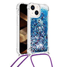 Silicone Candy Rubber TPU Bling-Bling Soft Case Cover with Lanyard Strap S02 for Apple iPhone 14 Blue