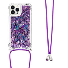 Silicone Candy Rubber TPU Bling-Bling Soft Case Cover with Lanyard Strap S02 for Apple iPhone 14 Pro Purple