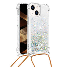 Silicone Candy Rubber TPU Bling-Bling Soft Case Cover with Lanyard Strap S02 for Apple iPhone 14 Silver