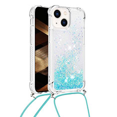 Silicone Candy Rubber TPU Bling-Bling Soft Case Cover with Lanyard Strap S02 for Apple iPhone 14 Sky Blue