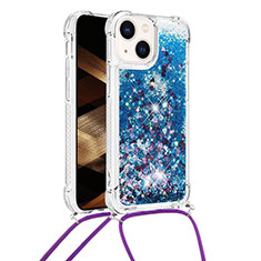 Silicone Candy Rubber TPU Bling-Bling Soft Case Cover with Lanyard Strap S02 for Apple iPhone 15 Plus Blue