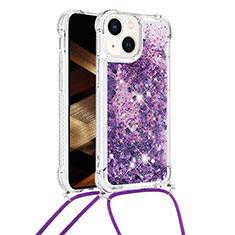 Silicone Candy Rubber TPU Bling-Bling Soft Case Cover with Lanyard Strap S02 for Apple iPhone 15 Plus Purple