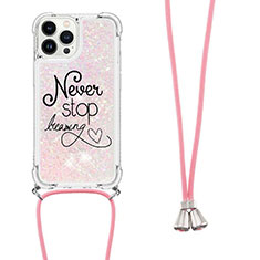 Silicone Candy Rubber TPU Bling-Bling Soft Case Cover with Lanyard Strap S02 for Apple iPhone 16 Pro Rose Gold