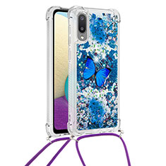 Silicone Candy Rubber TPU Bling-Bling Soft Case Cover with Lanyard Strap S02 for Samsung Galaxy A02 Blue