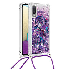 Silicone Candy Rubber TPU Bling-Bling Soft Case Cover with Lanyard Strap S02 for Samsung Galaxy A02 Purple