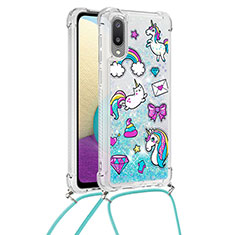 Silicone Candy Rubber TPU Bling-Bling Soft Case Cover with Lanyard Strap S02 for Samsung Galaxy A02 Sky Blue