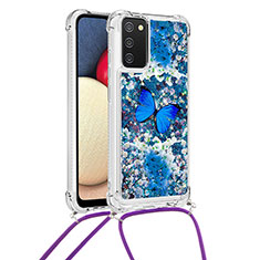 Silicone Candy Rubber TPU Bling-Bling Soft Case Cover with Lanyard Strap S02 for Samsung Galaxy A03s Blue