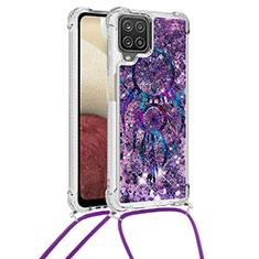 Silicone Candy Rubber TPU Bling-Bling Soft Case Cover with Lanyard Strap S02 for Samsung Galaxy A12 5G Purple