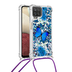 Silicone Candy Rubber TPU Bling-Bling Soft Case Cover with Lanyard Strap S02 for Samsung Galaxy A12 Nacho Blue