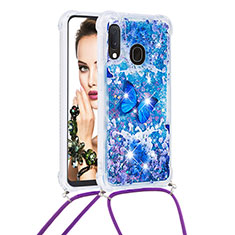 Silicone Candy Rubber TPU Bling-Bling Soft Case Cover with Lanyard Strap S02 for Samsung Galaxy A20e Blue