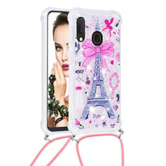 Silicone Candy Rubber TPU Bling-Bling Soft Case Cover with Lanyard Strap S02 for Samsung Galaxy A20e Pink