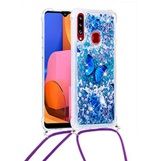 Silicone Candy Rubber TPU Bling-Bling Soft Case Cover with Lanyard Strap S02 for Samsung Galaxy A20s Blue