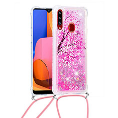 Silicone Candy Rubber TPU Bling-Bling Soft Case Cover with Lanyard Strap S02 for Samsung Galaxy A20s Hot Pink