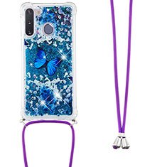 Silicone Candy Rubber TPU Bling-Bling Soft Case Cover with Lanyard Strap S02 for Samsung Galaxy A21 European Blue