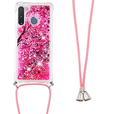 Silicone Candy Rubber TPU Bling-Bling Soft Case Cover with Lanyard Strap S02 for Samsung Galaxy A21 European Hot Pink