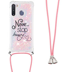 Silicone Candy Rubber TPU Bling-Bling Soft Case Cover with Lanyard Strap S02 for Samsung Galaxy A21 European Pink