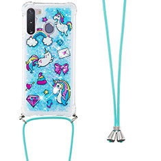 Silicone Candy Rubber TPU Bling-Bling Soft Case Cover with Lanyard Strap S02 for Samsung Galaxy A21 European Sky Blue