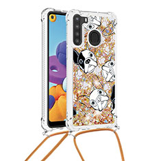 Silicone Candy Rubber TPU Bling-Bling Soft Case Cover with Lanyard Strap S02 for Samsung Galaxy A21 Gold