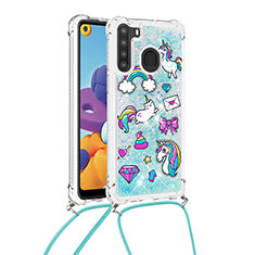 Silicone Candy Rubber TPU Bling-Bling Soft Case Cover with Lanyard Strap S02 for Samsung Galaxy A21 Sky Blue