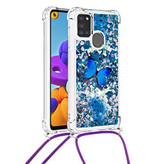 Silicone Candy Rubber TPU Bling-Bling Soft Case Cover with Lanyard Strap S02 for Samsung Galaxy A21s Blue