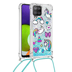 Silicone Candy Rubber TPU Bling-Bling Soft Case Cover with Lanyard Strap S02 for Samsung Galaxy A22 4G Sky Blue