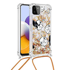 Silicone Candy Rubber TPU Bling-Bling Soft Case Cover with Lanyard Strap S02 for Samsung Galaxy A22s 5G Gold