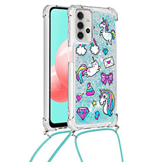 Silicone Candy Rubber TPU Bling-Bling Soft Case Cover with Lanyard Strap S02 for Samsung Galaxy A32 5G Sky Blue