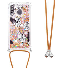 Silicone Candy Rubber TPU Bling-Bling Soft Case Cover with Lanyard Strap S02 for Samsung Galaxy A40s Gold